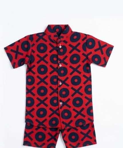 Kids Night Suit - Red XO Geometric Print