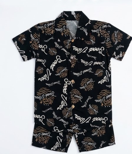 Kids Night Suit - Black 'Good Vibes' Print