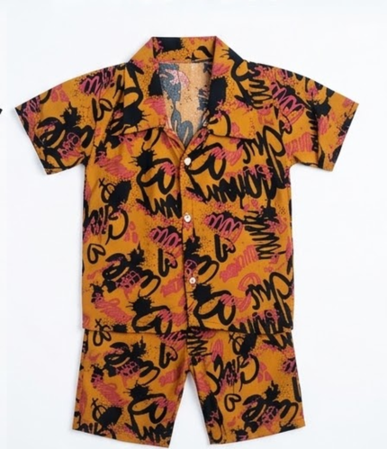 Kids Night Suit - Mustard Graffiti Print